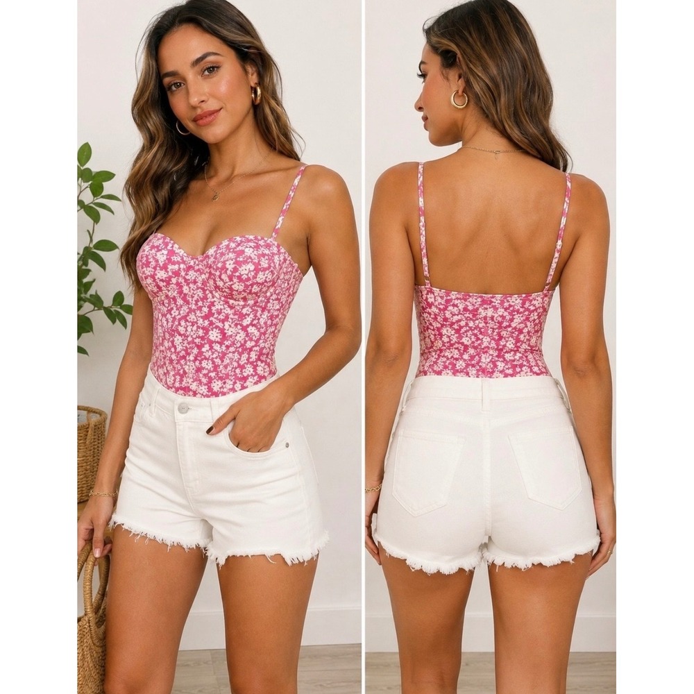 Zara Pink Floral Corset Bodice Bodysuit Ruched Sweetheart Neck Medium
